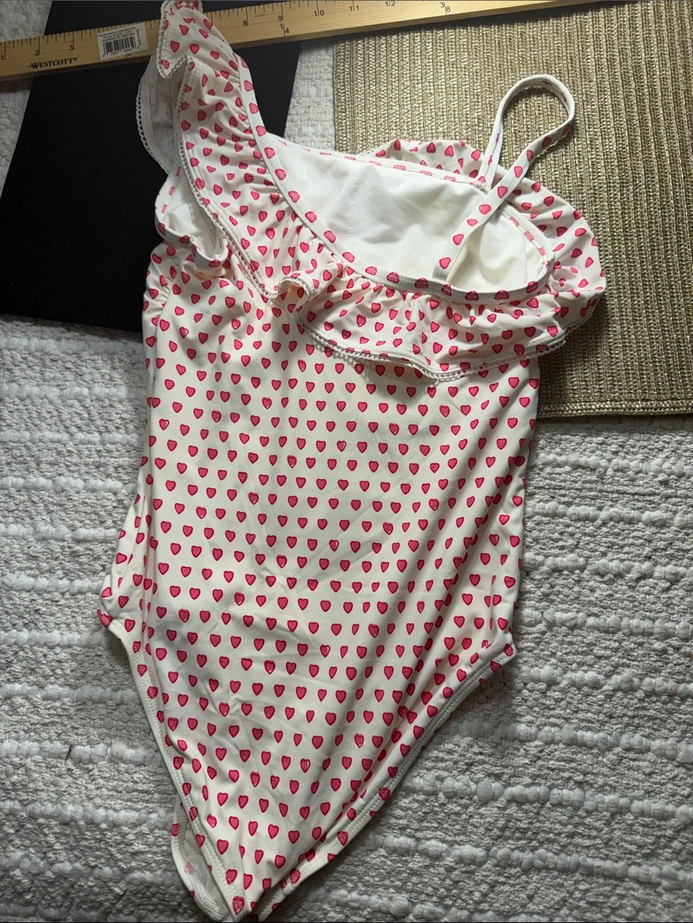 Roller Rabbit Girls Heart Print Ruffle One Piece Swimsuit White Pink Size 10